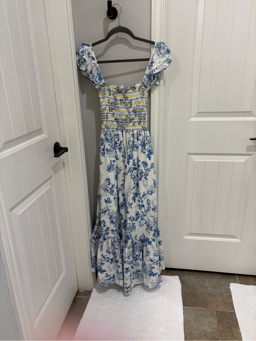 White and Blue Floral Smocked Maxi Dress with Yellow Detail